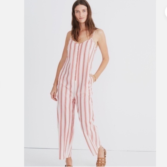 Madewell Pants - Madewell Cream Red Striped Cami Lightweight Cotton Jumpsuit Nwt M